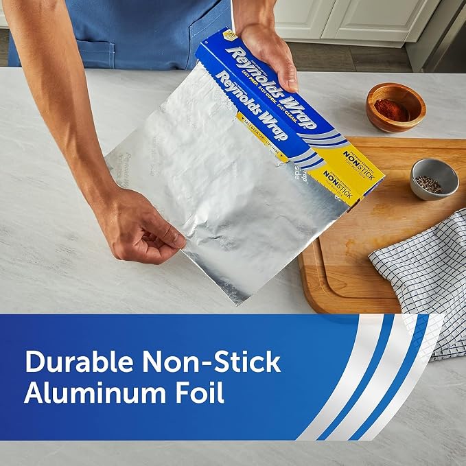 Reynolds Wrap Non-Stick Aluminum Foil, Heavy Duty Kitchen Foil for Easy Prep, Cooking, Baking and Cleanup, Food Storage and Grill Use, 50 Square Foot (Pack of 5)