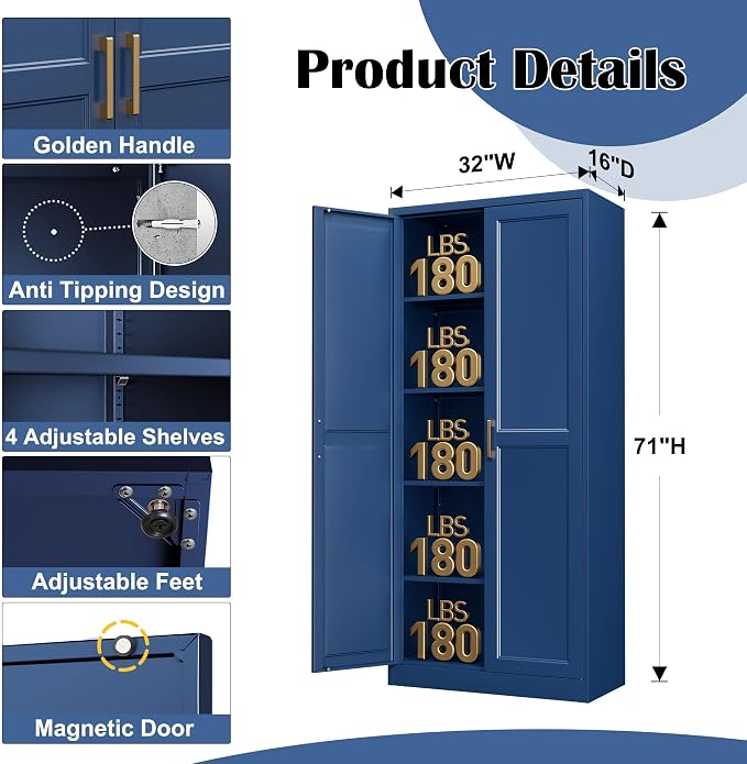 Steeloong 71"Metal Pantry Storage Cabinet with Doors & 4 Adjustable Shelves | Kitchen Pantry Cabinet,Blue Kitchen Cabinet with 2 Gold Handles,Tall Cabinet for Livingroom,Pantry, Bathroom,Kitchen,Garage