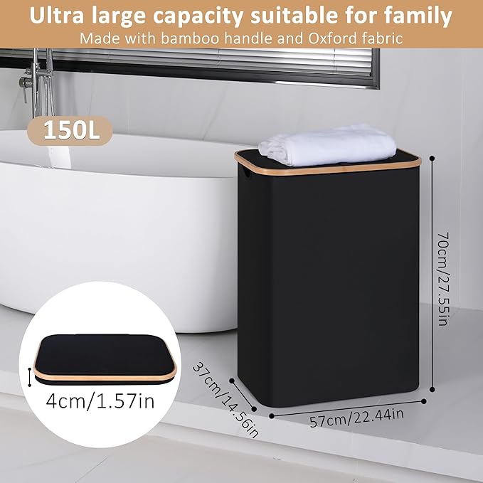 iEGrow 150L Laundry Basket with Lid,Large Laundry Hamper with Bamboo Handles, Hampers for Laundry, Dirty Clothes Hamper with 2 Removable Inner Bags for Clothes Towels,Black