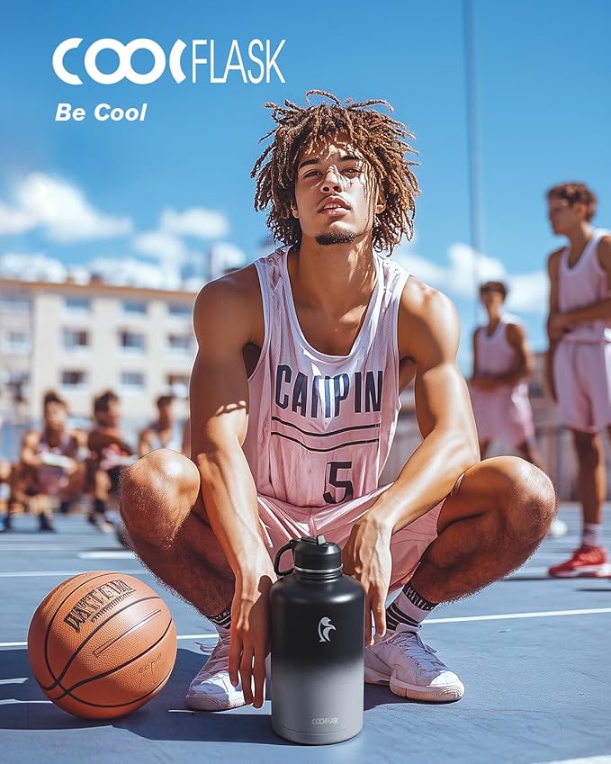 Coolflask Water Bottle 87 oz with Straw, 2/3 Gallon Insulated Stainless Steel 3 Lids Large Water Jug Wide Mouth for Sports or Office, Non-BPA Keep Cold Up to 48 Hrs or Hot Up to 24 Hrs, Piano Night