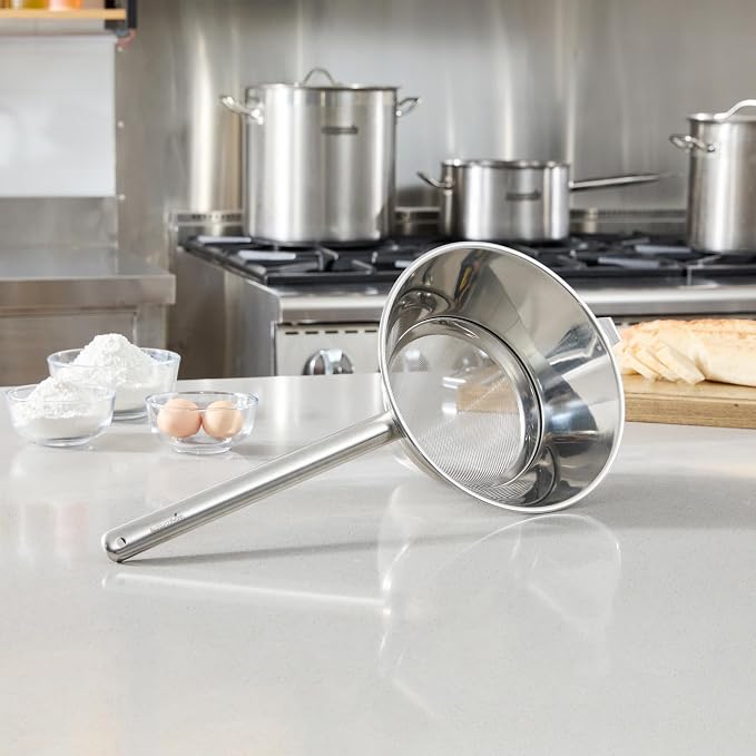 Restaurantware Chinois Strainer 1 Count 10.2" Stainless Steel Bouillon Cone with Extra Fine Mesh China Cap Strainer for Sauces, Stocks, Soups, Broths, Sifting, Sieving, Professional Kitchen Tools
