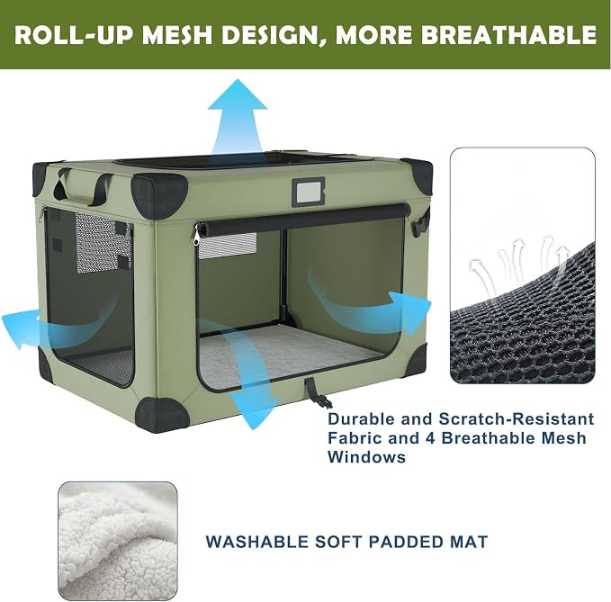 36 Inch Soft Collapsible Dog Crate Green with Waterproof and Easy to Clean | Chew-Proof Mesh Window,Sturdy Frame,Soft Blanket and Foldable Bowl,Waterproof,Portable for Camping,Signature Card,Storage Bag