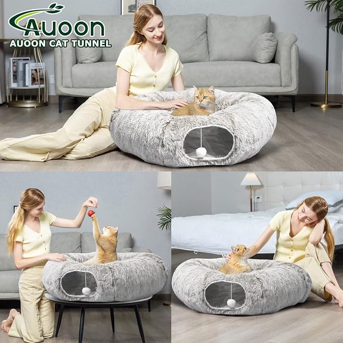 AUOON Plush Cat Tunnel Bed for Indoor Cats, 36" L x 36" W x 11.5" H, Khaki | 2 in-1 Interactive Cat Toy, with Hanging Ball Toy, Machine Washable Center Pad, for Kitten Puppy Rabbit Ferret