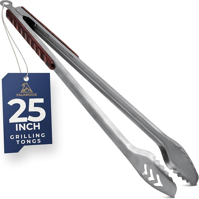 25-Inch Heavy Duty Metal Grill Tongs for Outdoor Grill & Log Fire | 1.0mm Thick stainless steel & Pakkawood handles. Extra Long Metal BBQ Tongs for Grilling Charcoal Cooking, Fire Pit Tools