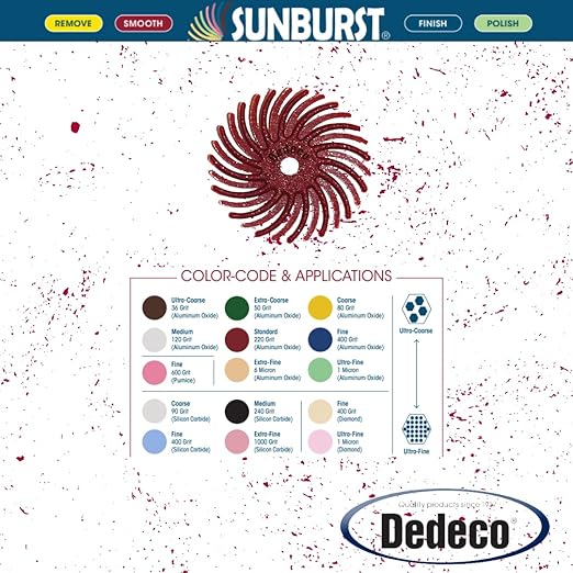 Dedeco Sunburst Radial Bristle Discs 48-Pack - 5/8" Curved - Red 220 Grit (Standard) - Aluminum Oxide for Polishing & Finishing