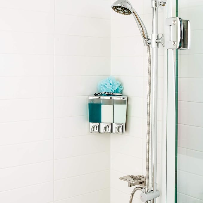 Better Living Clear Choice Wall Mount Shower Dispenser, 3 x 14.2, Chrome | 3 Chamber Dispenser, Corner or Flat Wall Installation, No Drill Adhesive, Waterproof Dispenser Pump