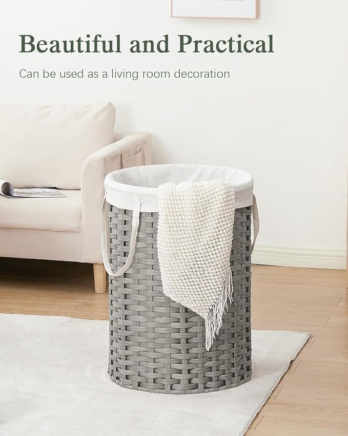 SETVSON Laundry Basket Round Rattan Laundry Hamper 29.1 Gal(110 L) Handwoven Large Wicker Basket with Handles, Wicker Hamper with Removable Bags and 2 Mesh Bags for Bathroom Living Room Gray(No Lid)