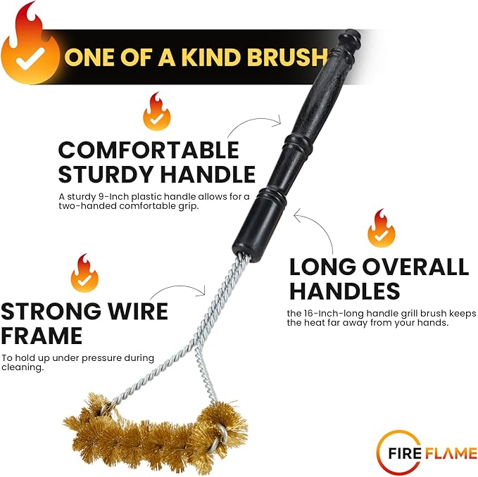 Fireflame BBQ Grill Brush – Non-Scratch Brass Bristles - 16-Inch Long Handle Barbecue Grill Cleaning Brush - Wide-Faced Spiral Heavy-Duty – Made in The USA