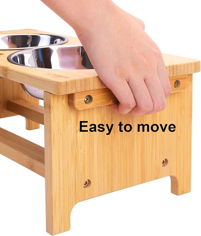 HTB Elevated Dog Bowl Stand with 2 Stainless Steel Bowls-7" H Medium Bamboo | Raised Dog Bowl Stand, 7"tall, 29 Oz Bowls, for Medium Sized Dogs, Pet-safe, Solid Bamboo