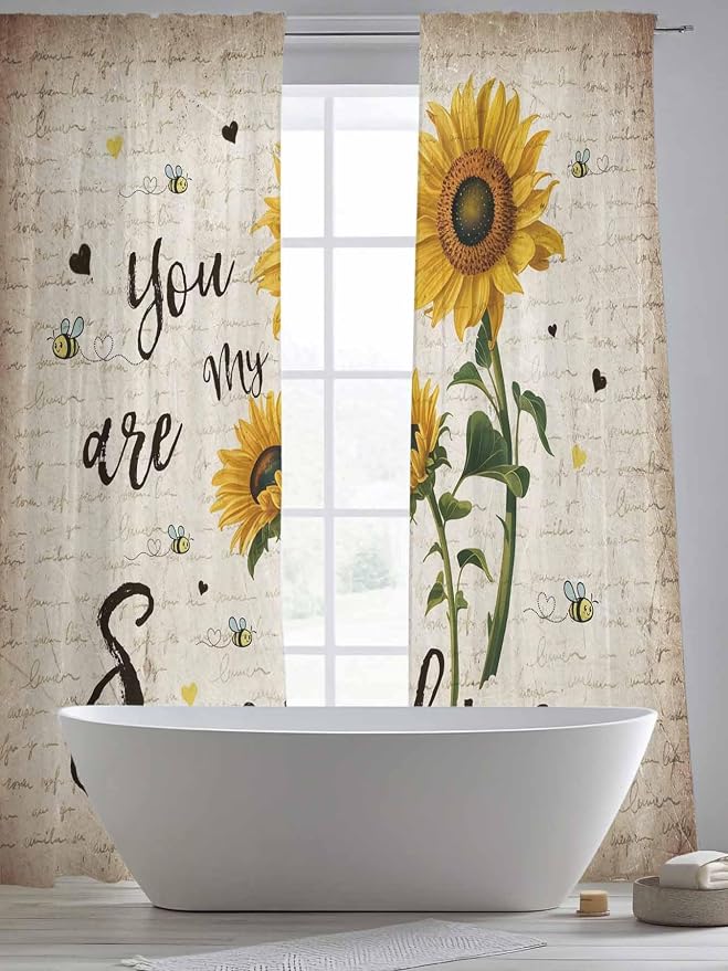 Sunflower Voile Sheer Curtain 96 Inch,Rod Pocket Rustic Yellow Floral Sheer Window Curtain Panels,Vintage Retro Beige Newspaper Letter Long Semi-Sheer Tulle Drape Chiffon Fabric for Living Room