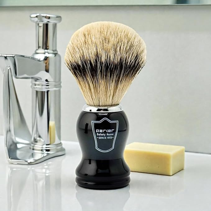 Parker Silvertip Badger Shaving Brush with Resin Handle & Resin Stand | 22mm Soft Knot for Rich Lather | Handcrafted Brush for Shave Cream or Soap | Premium Wet Shaving Accessory | Iconic Brand