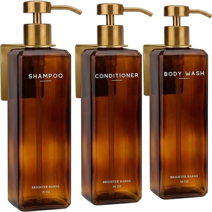 Luxury Shampoo and Conditioner Dispenser Set Wall Mounted by Brighter Barns - Shower Soap Dispensers with Drill Free Wall Mounts - Refillable Shampoo Bottles for Airbnb, Guest Bathroom (Amber Gold)