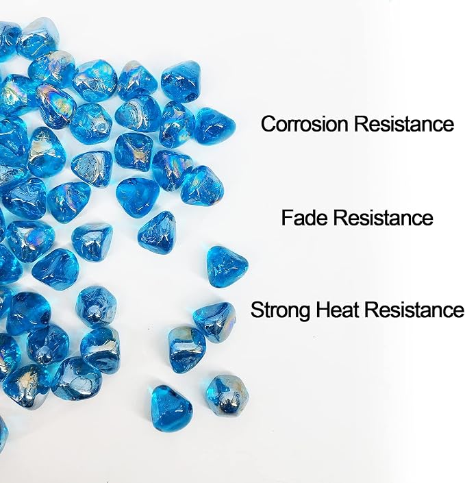 10 lbs Fire Pit Glass Diamonds,1/2 Inch Caribbean Blue Fire Glass | Reflective,Glass Diamonds For Natural or Propane Fire Pit, Landscaping Rock Stones,Tempered，Fireplace