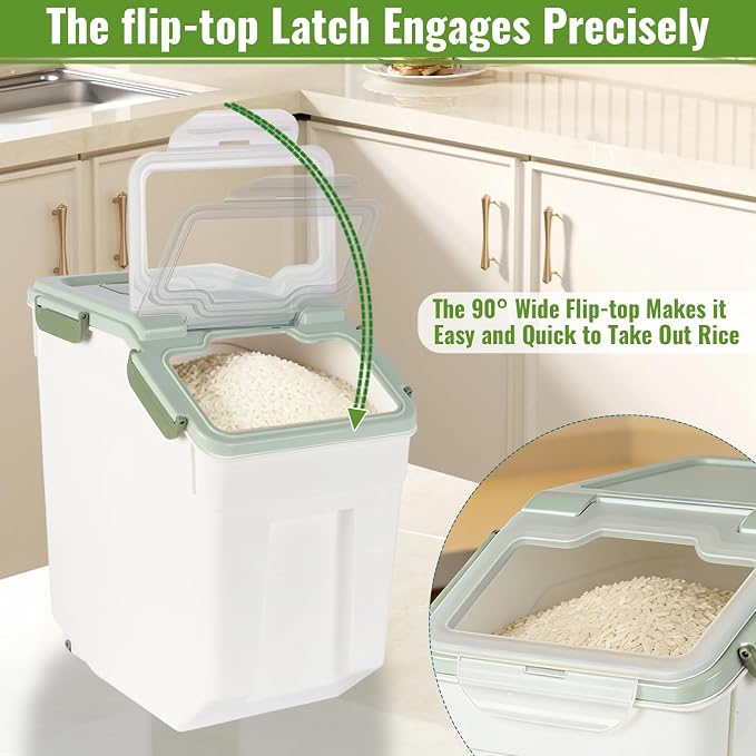 2 Pack Rice Container 50 lbs Large Bulk Flour Sugar Storage Holdhouse Plastic Grain Cereal Dry Goods Bin with Spoon and Measuring Cup for Kitchen Pantry Organization - Green