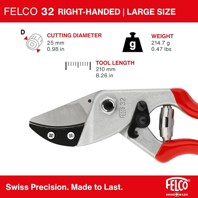 Felco F32 Pruning Shears – 8.3" Garden Clippers with Anvil Blade for Woody Stems | Hand Pruners for Gardening | Garden Tool Cutter with Forged Aluminum Handle, Rubber Grip, Precision Swiss Performance