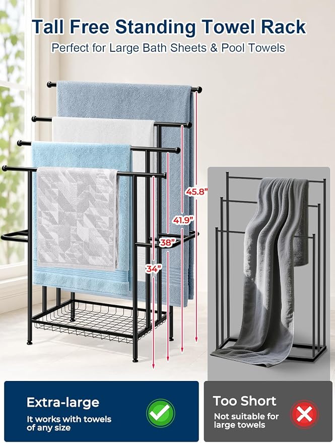 Haturi 4-Tier Free Standing Towel Rack for Bathroom, 45.3" H Black Metal Towel Drying Rack, 18.1" W with Storage Basket, Outdoor Pool Towel Holder for Oversized Towels & Blankets