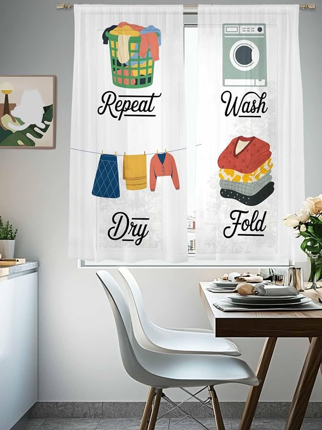 Laundry Room Sheer Curtains 72 Inch Length 2 Panels for Living Room, Wash Repeat Dry Fold Simple Drawn Voile Kitchen Curtain Set, Luxury Privacy Drapes Window Treatment for Bedroom