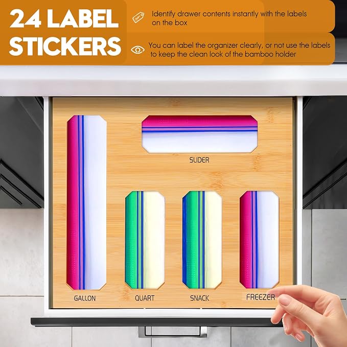 Bamboo Ziplock Bag Organizer for Kitchen Drawer, Food Storage Baggie Holder with 24 Label Stickers, Fits Gallon Quart Sandwich Snack Freezer & Slider Bags, No Assembly, Wall Mount or Drawer