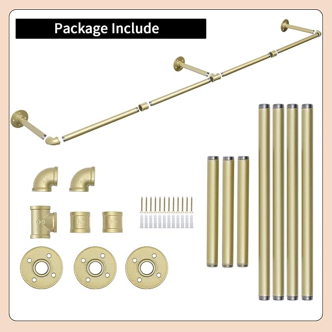 Oroonoko 72inch Gold Wall Mounted Clothes Rack, Industrial Pipe Garment Rack Hanging Rod Bar for Closet Storage,Laundry Room Up to Max Load 132lbs(Gold)
