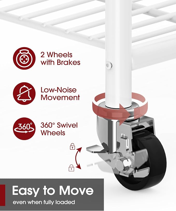 Sakugi Clothes Rack - 33.0" x 12.2" x 79.5" Clothing Rack with Shelves & Wheels, Multi-Functional Wardrobe Closet with Hooks, Sturdy Metal Garment Rack for Bedroom, Laundry, Balcony (White)