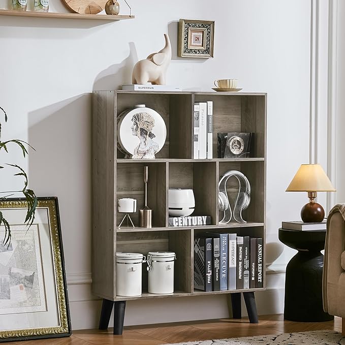 LEYAOYAO Cube Bookshelf, Mid-Century Modern Book Shelf with Legs,Retro Grey | 3 Tier Bookcase, Rustic Wood Bookshelves Freestanding Small Storage Organizer, Open Shelves for Bedroom, Living Room, Office