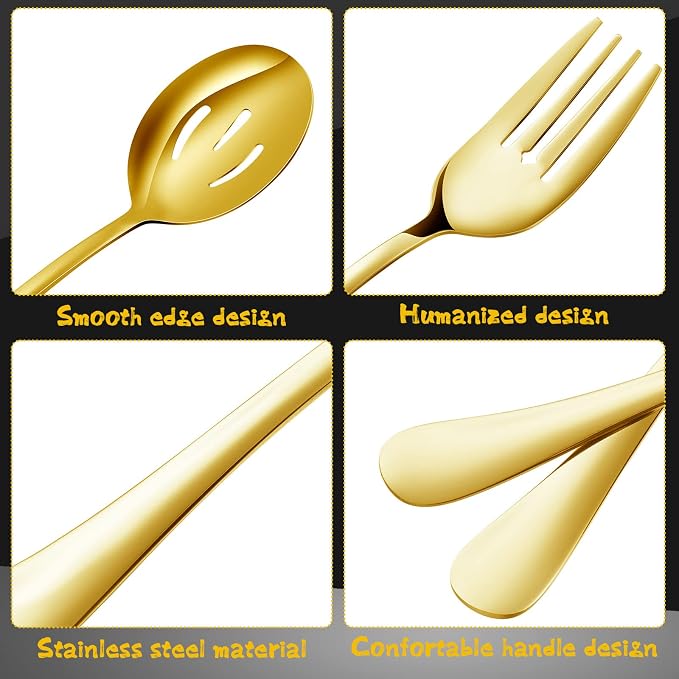 Thenshop 30 Pcs Serving Utensils Set Stainless Steel Flatware Serving Set Include Large Spoons Slotted Spoons Forks Soup Ladle Pie Server and Tongs for Buffet Catering Party Restaurant(Gold)