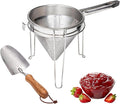 8 inch Stainless Steel Chinois Strainer with Stand, Fine Mesh China Cap Strainer with handle and Pestle for Tomato, Fruit,Soup and Jam Making.