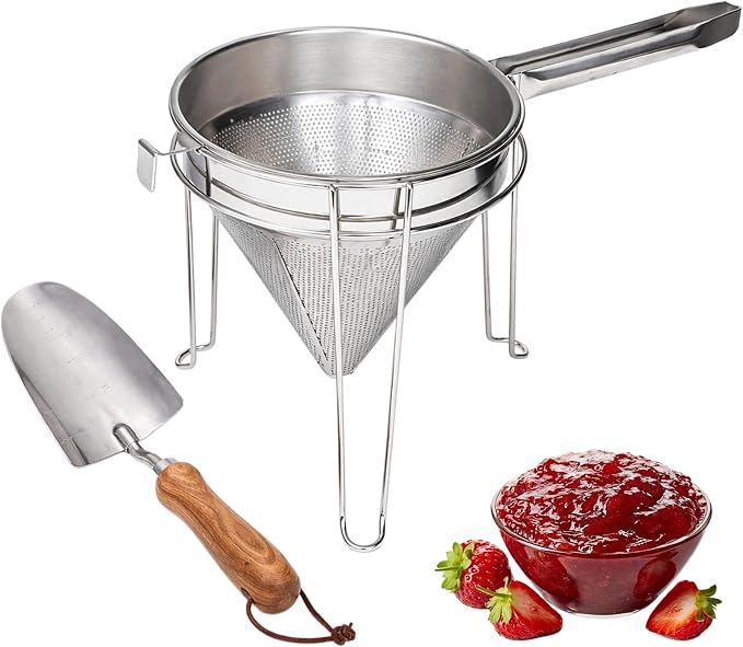 8 inch Stainless Steel Chinois Strainer with Stand, Fine Mesh China Cap Strainer with handle and Pestle for Tomato, Fruit,Soup and Jam Making.