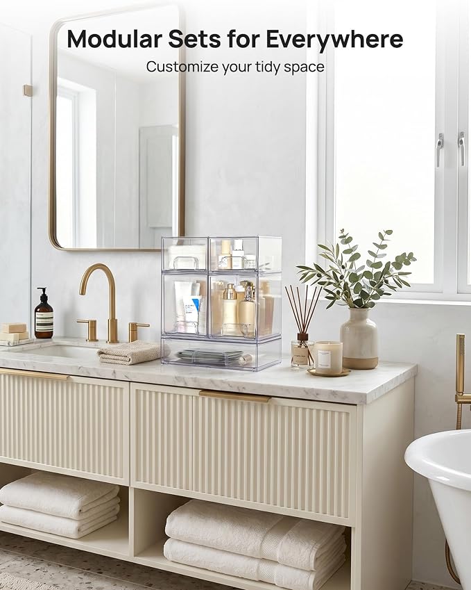 Vtopmart Stackable Storage Drawers Set of 5, Clear Plastic Organizer Bins for Baby Bottle, Beauty Supplies Storage, Ideal for Kichen Countertop, Vanity, Bathroom, Cabinet, Pantry Organization