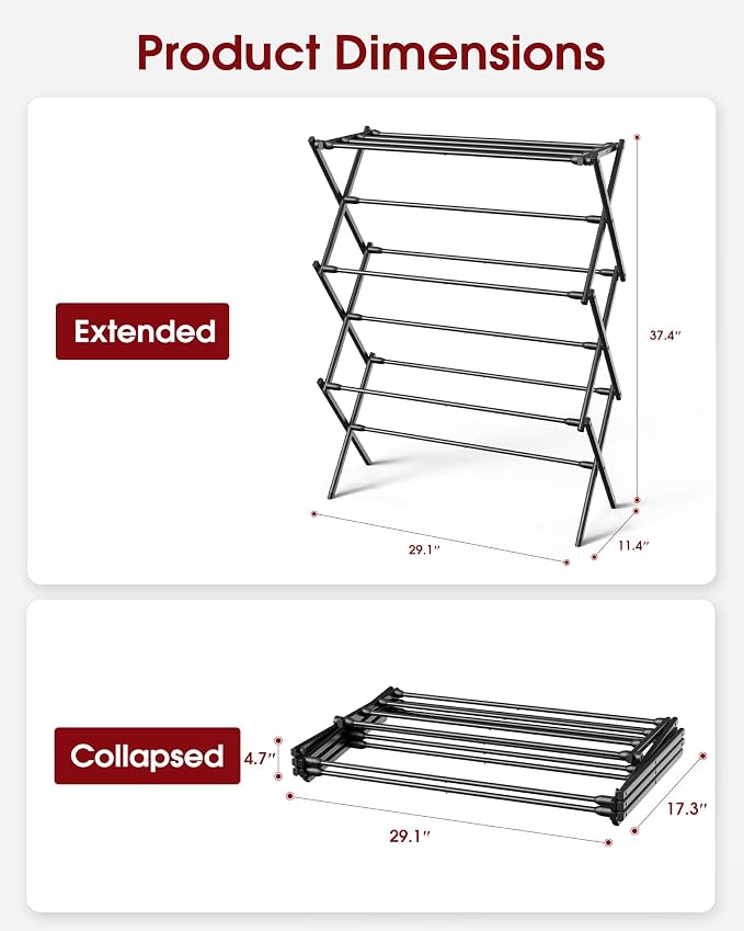 Sakugi Foldable 3-Tier Clothes Drying Rack 37.4" H with Non-Slip Feet | Indoor & Outdoor Use, Space Saving, Metal Frame, 11.4" D x 29.1" W, Black