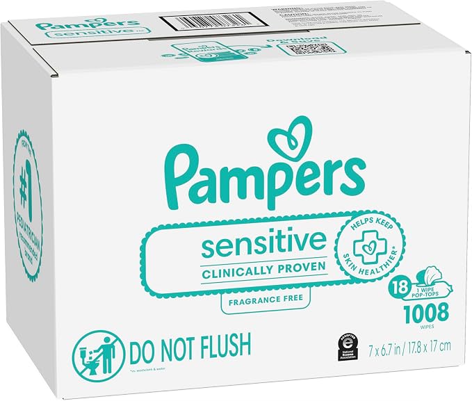Pampers Sensitive Baby Wipes, Clinically Proven, Fragrance Free, Unscented, Water Based, Hypoallergenic, Multi-Use, Hand Wipes 1008 Wipes Total (18X Flip-Top Packs) [Packaging May Vary]