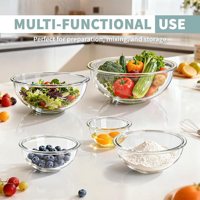 Luvan Glass Mixing Bowl with Lids Set of 5(0.2QT, 0.5QT, 1.1QT, 2.1QT, 3.75 QT), Space-Saving Nesting Bowls Anti-slip Salad Bowls for Storage, Cooking, Microwave,Freezer,Oven and Dishwasher Safe