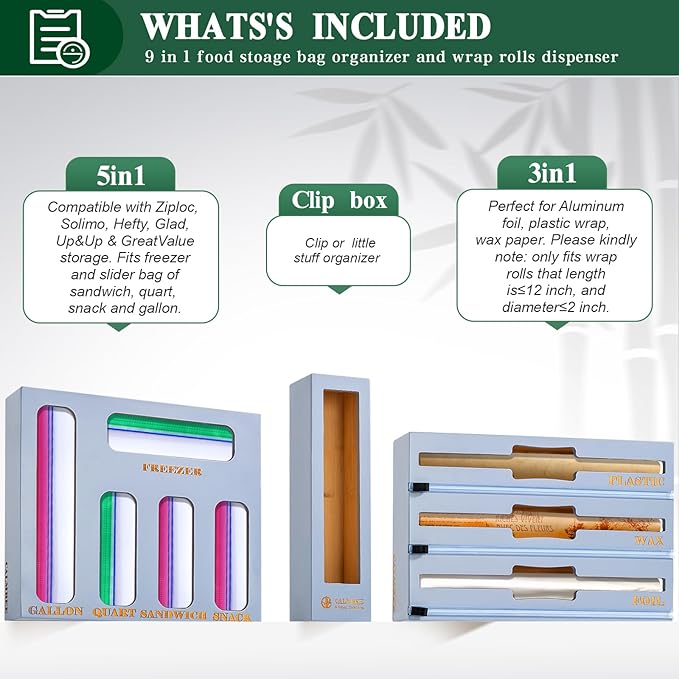 Calmbee 9 in 1 Bamboo Storage Bag Organizer for Kitchen Drawer – Plastic Wrap Dispenser with Cutter & Foil Organizer, Wooden Baggie Organizer for Sandwich, Snack, Gallon, Quart Sizes, Grey