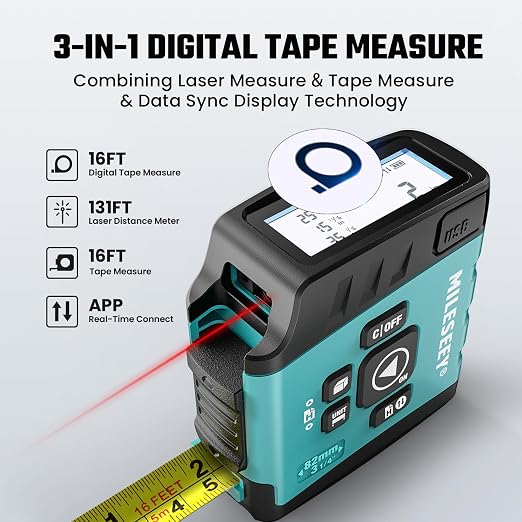 MiLESEEY DT20 Laser Tape Measure with APP, 3-in-1 Digital Measuring Tape Rechargeable, 130FT Laser Distance Meter, 16FT Digital Tape Measure Waterproof, Area/Volume/Measuring/Pythagorean Mode