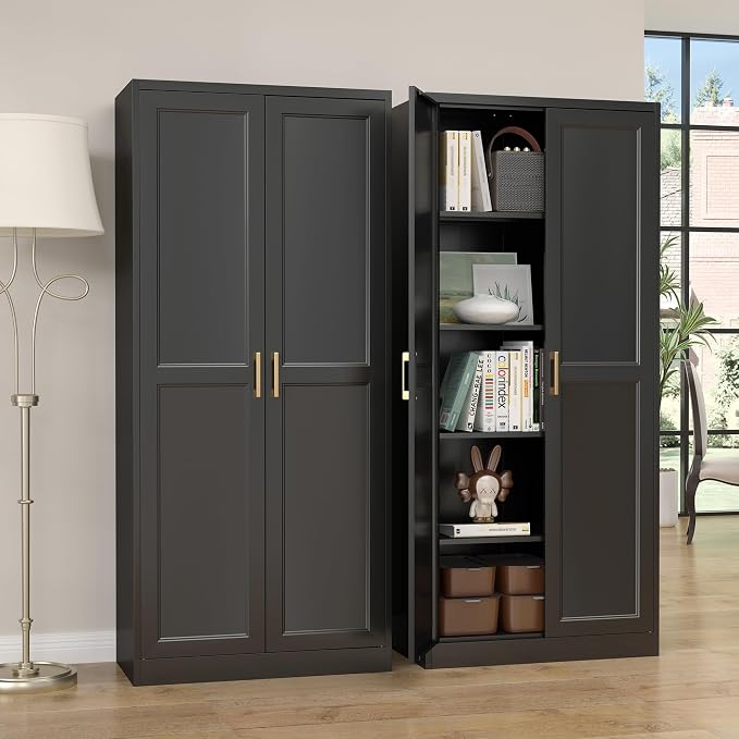 Steeloong 71"Metal Pantry Storage Cabinet with Doors & 4 Adjustable Shelves | Kitchen Pantry Cabinet,Black Kitchen Cabinet with 2 Gold Handles,Tall Cabinet for Livingroom,Pantry, Bathroom,Kitchen,Garage