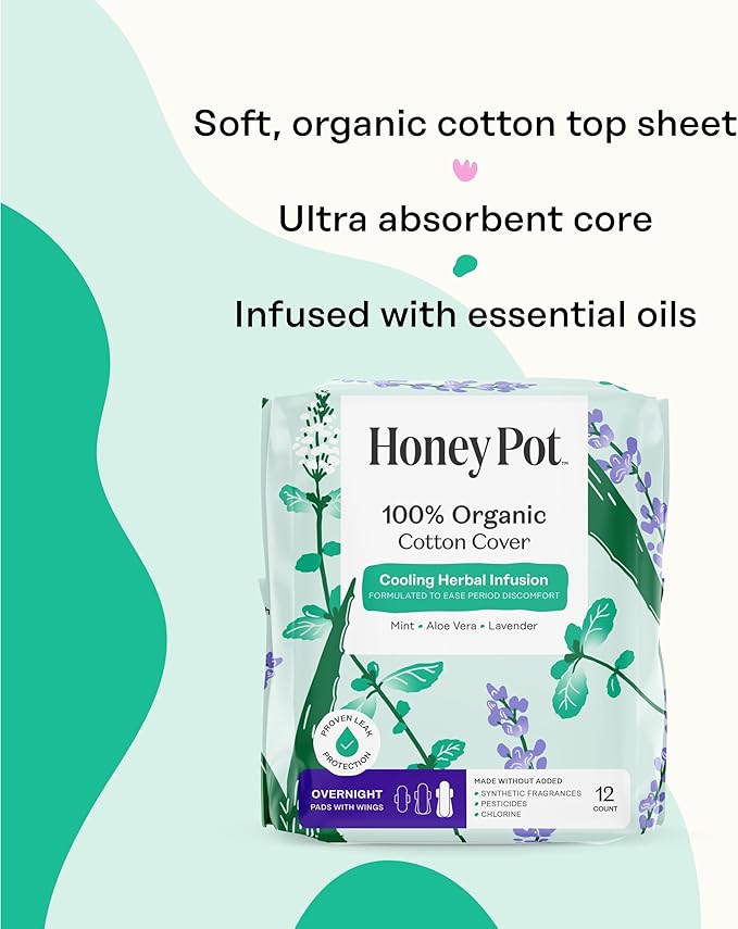 The Honey Pot Company - 48 ct - Herbal Pads for Women - Overnight w/Wings - Infused w/Essential Oils for Cooling Effect & Organic Cotton Cover - Feminine Care