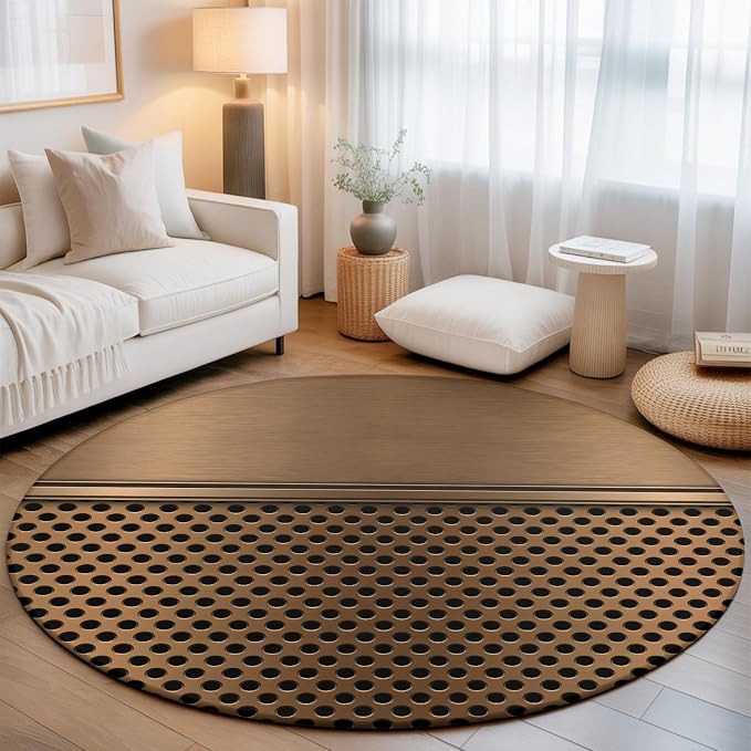 Round Area Rug 6', Brown Metal Hole Washable Area Rugs for Living Room Kitchen Bedroom Nursery Dining Room, Modern Copper Net Eye Hole Pattern Non Slip Door Mat Indoor Floor Throw Circle Carpet