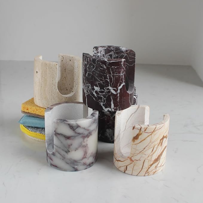 Nawgnail Natural Marble Travertine Sponge Holder for Kitchen Counter, Drying Rack, Sponge Caddy for Sink Organizer - Rosa Levanto Marble