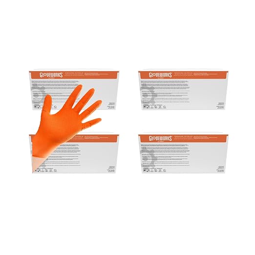 GLOVEWORKS Orange Nitrile Gloves 8 Mil Disposable Heavy Duty Raised Diamond Texture Latex Free, Mechanic, Large, 4 Cases of 1000