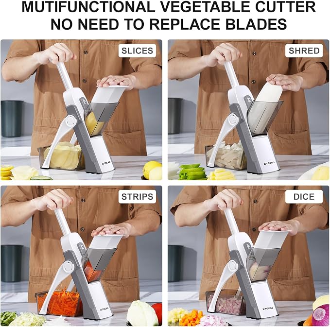 Safe Mandoline Slicer for Kitchen, Meal Prep, Potato Slicer, Adjustable/Easy to Clean/Storage, Kitchen Chopping Artifact, French Fry Cutter, Paring Knife/Cleaning Brush (only Slice, LightGrey)