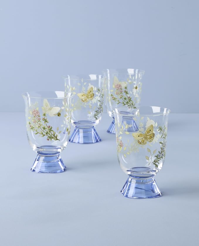 Lenox Butterfly Meadow Herbs Short Glass Tumblers, Set of 4 | Non-lead crystal, hand wash only | 5.5 inch height | floral glassware, drinking glasses | 13.5oz, gift for women