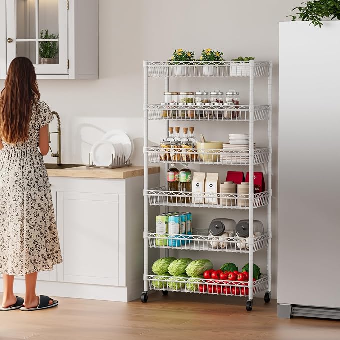 Golpart Basket Shelves Closet Rack with Wheels Metal Pantry Wire Shelf Unit | 6 tier Storage Rolling Shelving Bathroom Organizers Kitchen Garage Laundry Room Organization Home 30"Dx13.6"Wx65"H White