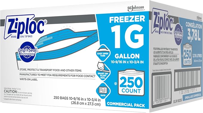 Ziploc Gallon Food Storage Freezer Bags, Grip 'n Seal Technology for Easier Grip, Open, and Close, 250 Count (Pack of 8, 2000 Count Total)