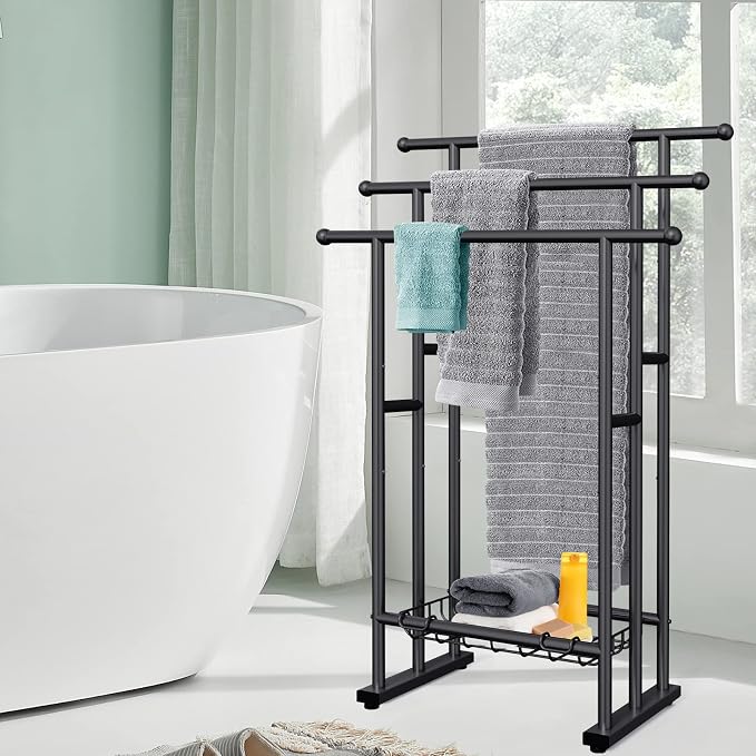Kayfia 40" H Free Standing Towel Rack, 3 Tier Alloy Steel Stand with Basket, Blanket Drying and Display Rack for Oversized Bath Towels Bathroom Accessories, Next to Tub or Shower
