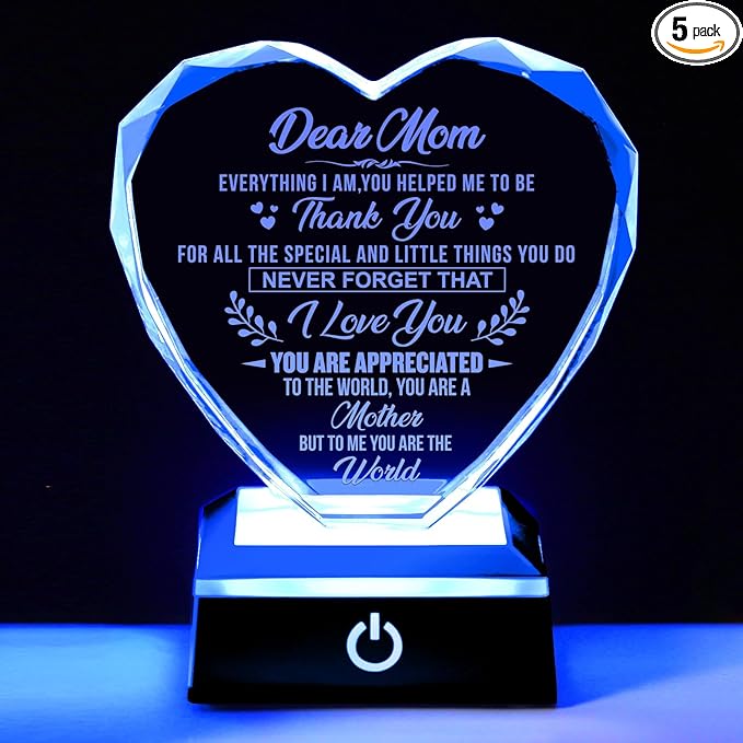 ZHSHWAT Crystal Heart Keepsake with Color-Changing LED Base for Mom Engraved Dear Mom Gift from DaughterSon Birthday, Mother's Day, Christmas, Anniversary Presents for Her