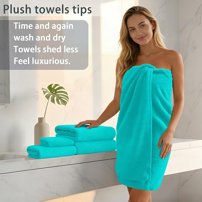 VOOVA & MOVAS Bath Towels 4PC, 100% Cotton, 30x56 in, Turquoise | Quick Dry, Thick, Soft, Absorbent, Luxury Shower Towels With Hanging Loops, Towel Gift Set