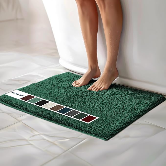 Muddy Mat® | Chenille Bathroom Rugs Quick Dry Microfiber Mats Non Slip Washable, Extra Thick, Soft and Highly Absorbent Bath Mats for Bathroom, Kitchen, and Shower Floor - Dark Green 24"x35"