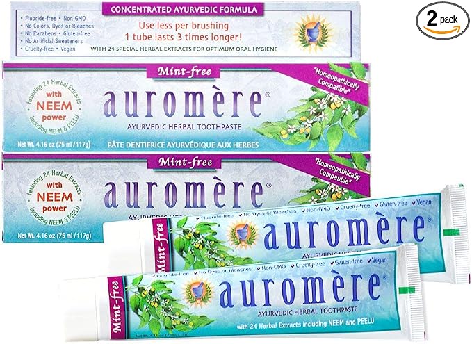 Auromere Ayurvedic Herbal Neem & Clove Toothpaste - All Natural Fluoride Free Toothpaste for Adults and Kids, Suitable for Sensitive Teeth, SLS-Free, Non GMO, Vegan, Cruelty-Free - 5 Pack | All Natural Fluoride Free Toothpaste for Adults and Kids, Suit...