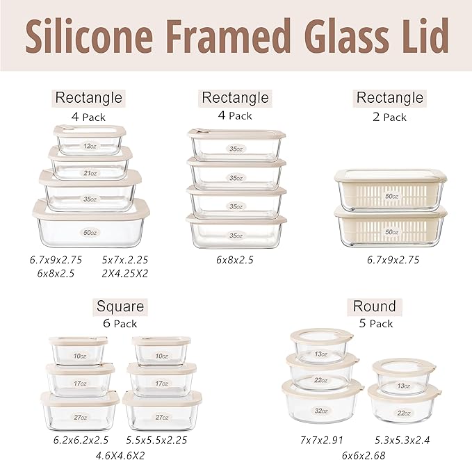 Glass Food Storage Containers with Glass Lids, Microwave Safe Food Container Set, Airtight Food Container Set, LeakProof, 100% Plastic Free, White Color, 4pack
