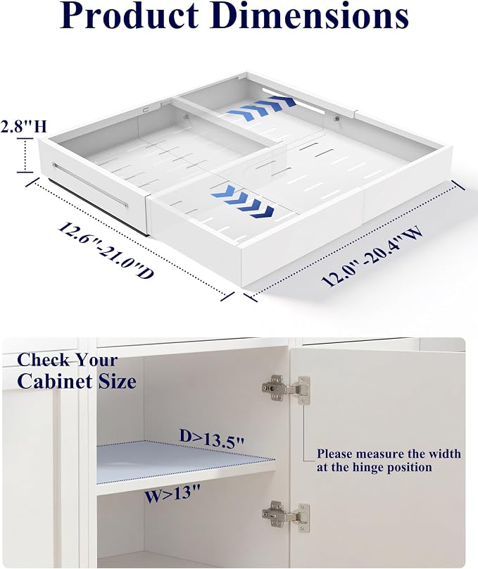 Kitsure Pull Out Cabinet Organizer - 2 Pack(12.6"-21" D x 12"-20.4" W) Expandable Sliding Cabinet Shelves, Smooth Glide Drawer Organizer, Kitchen & Pantry Storage, Framed & Frameless Cabinets